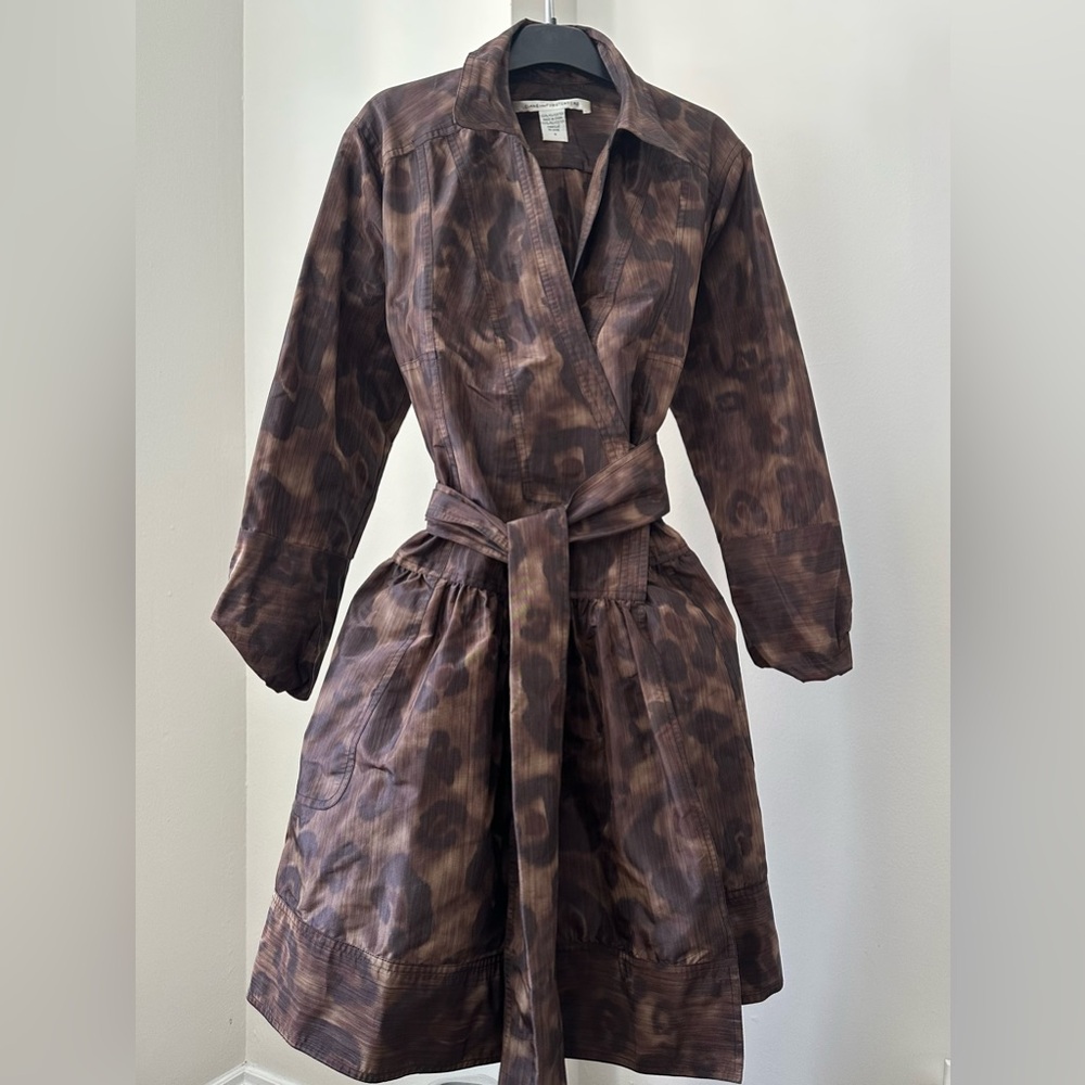 Diane Von Furstenberg Brown Patterned Long-Sleeve Tie-Waist Trench Coat Dress